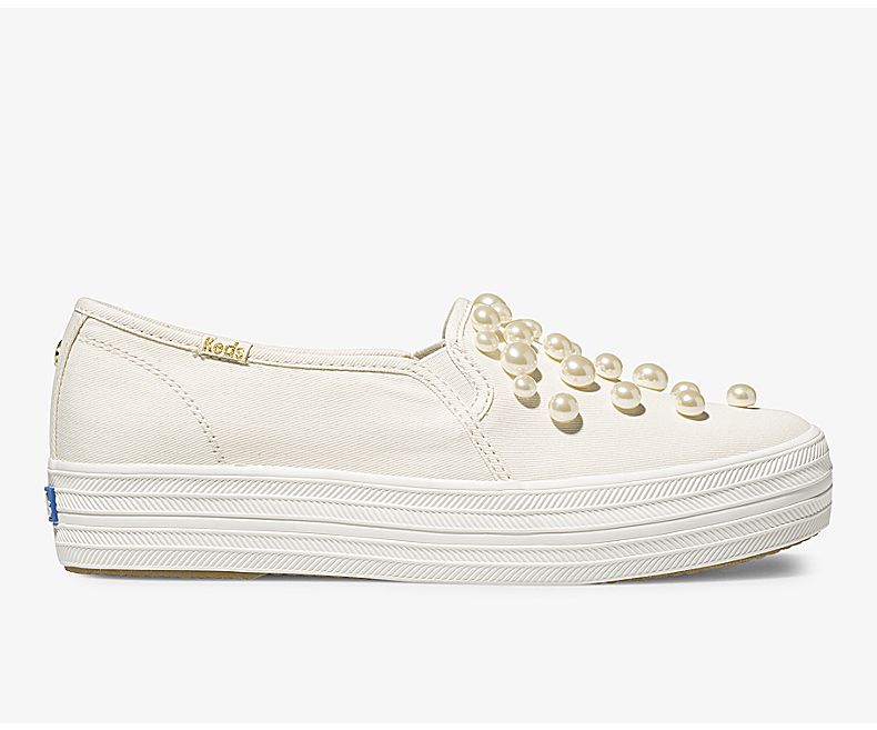 Keds Womens White Triple Shoes - Keds X Kate Spade New York Triple Decker Pearls 934SACGEP